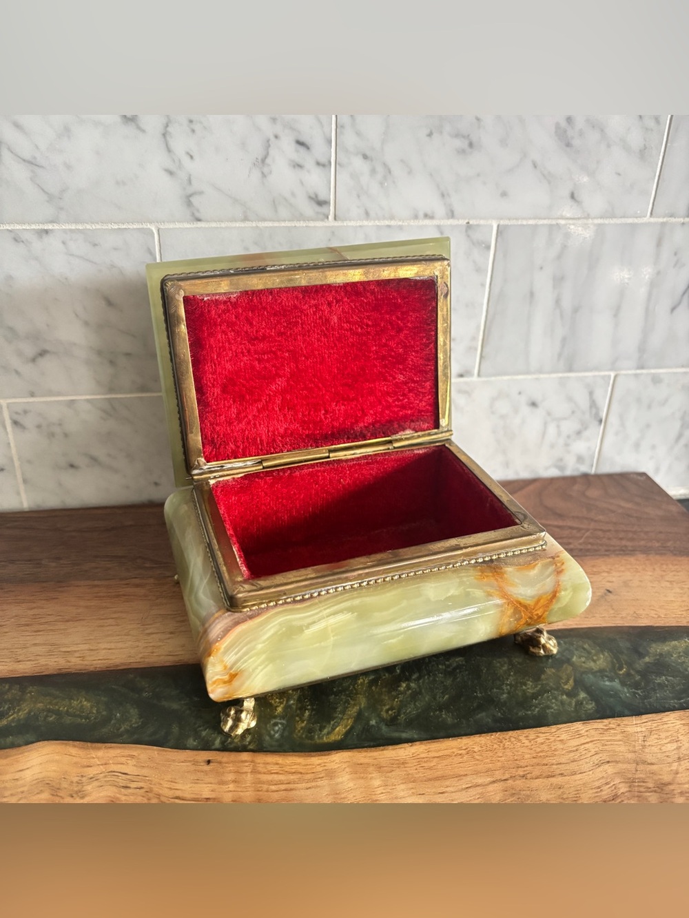 Vintage Green and Brown Marble Onyx Stone and Brass Footed Jewelry Trinket Box - Picture 2 of 12